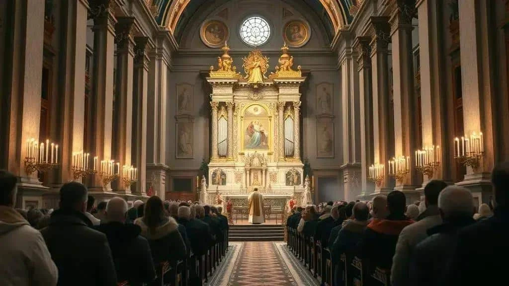 Illustration of worshippers inside a candlelit church Illustration of worshippers inside a candlelit church
