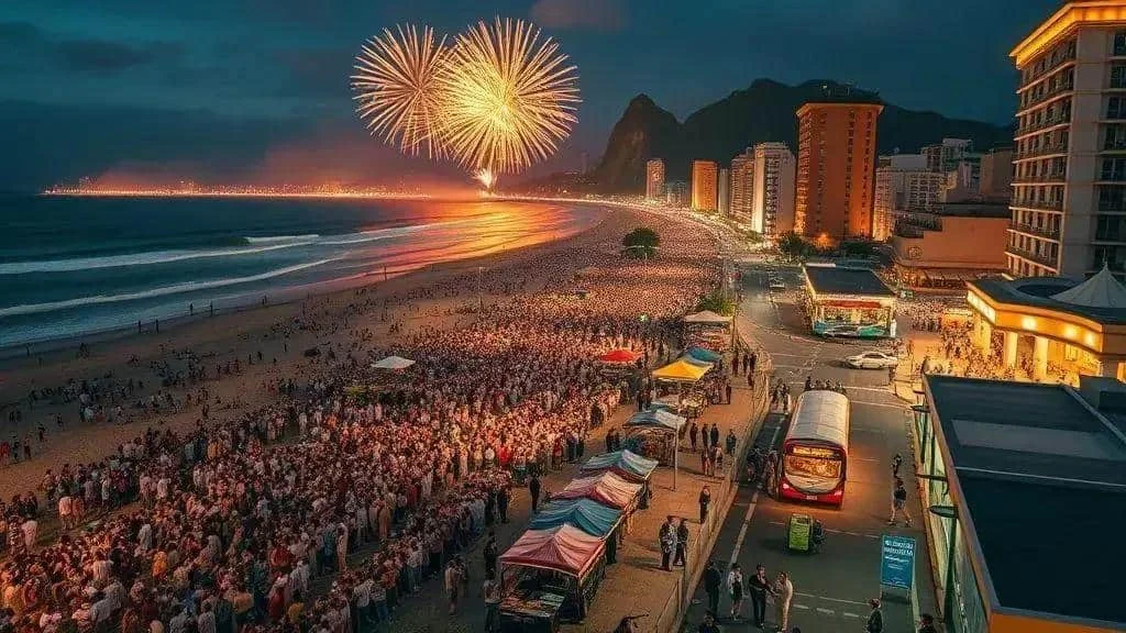 Illustrative aerial scene of crowds on a Brazilian beachfront