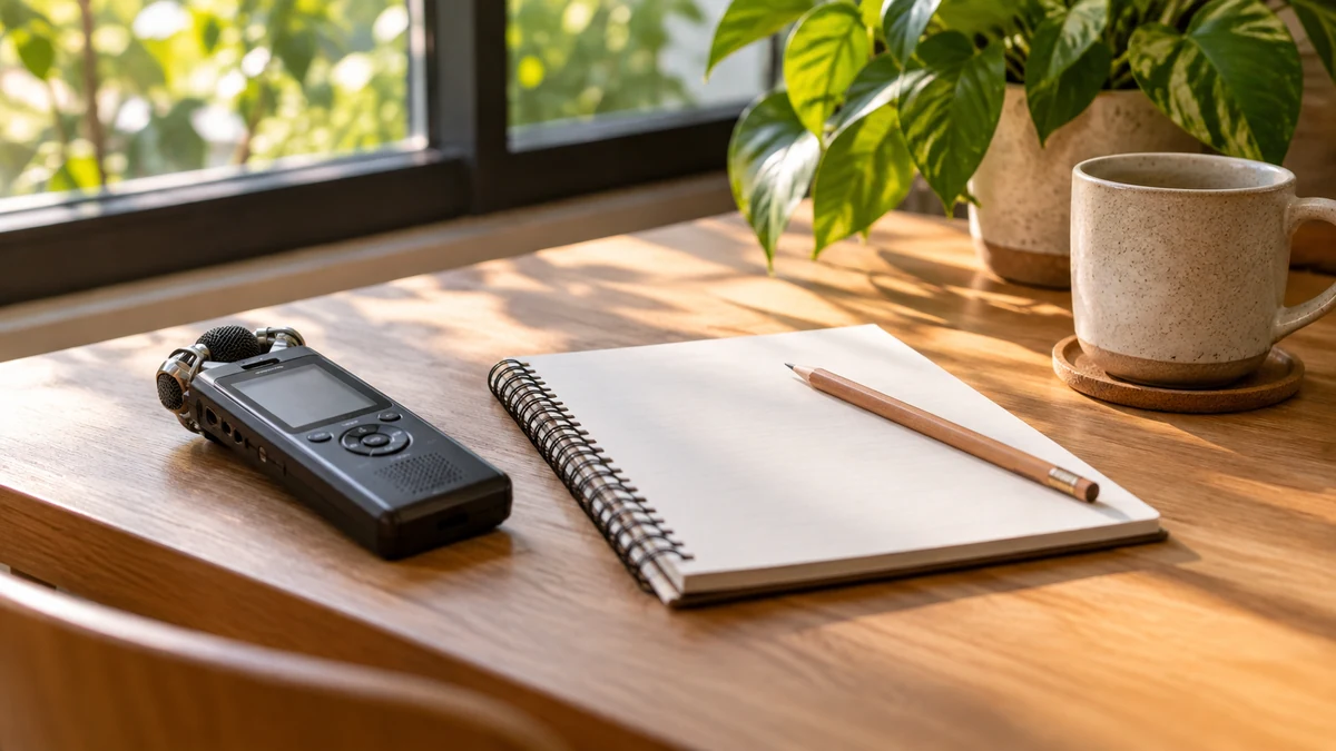 Illustrative audio recorder and notebook for gathering oral history with permission