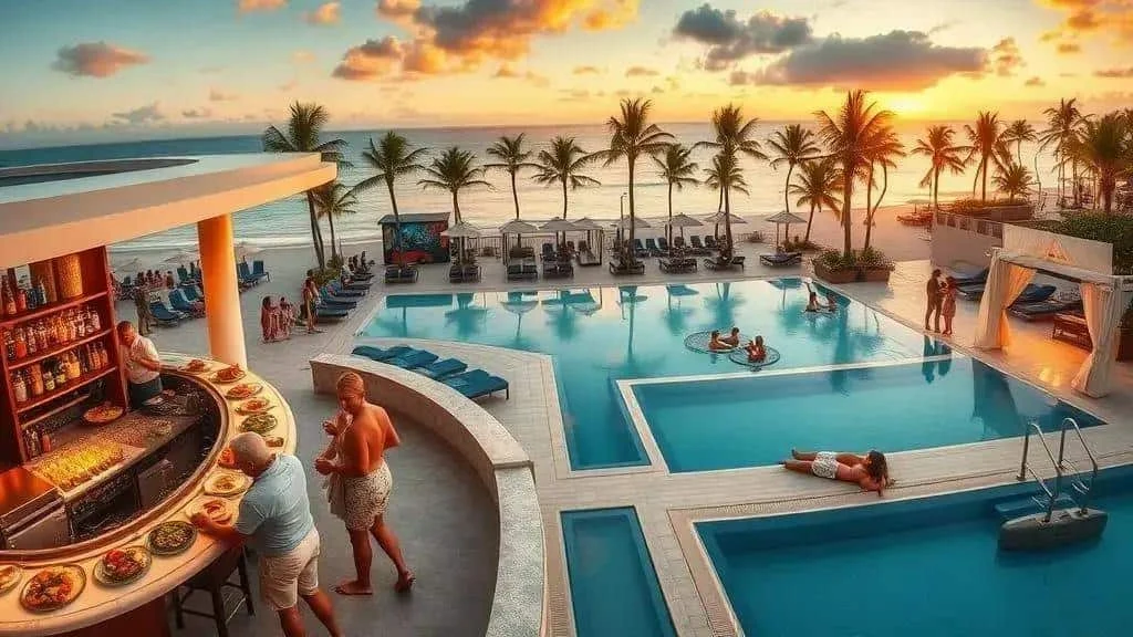 Illustrative beachfront resort pool and dining area at sunset