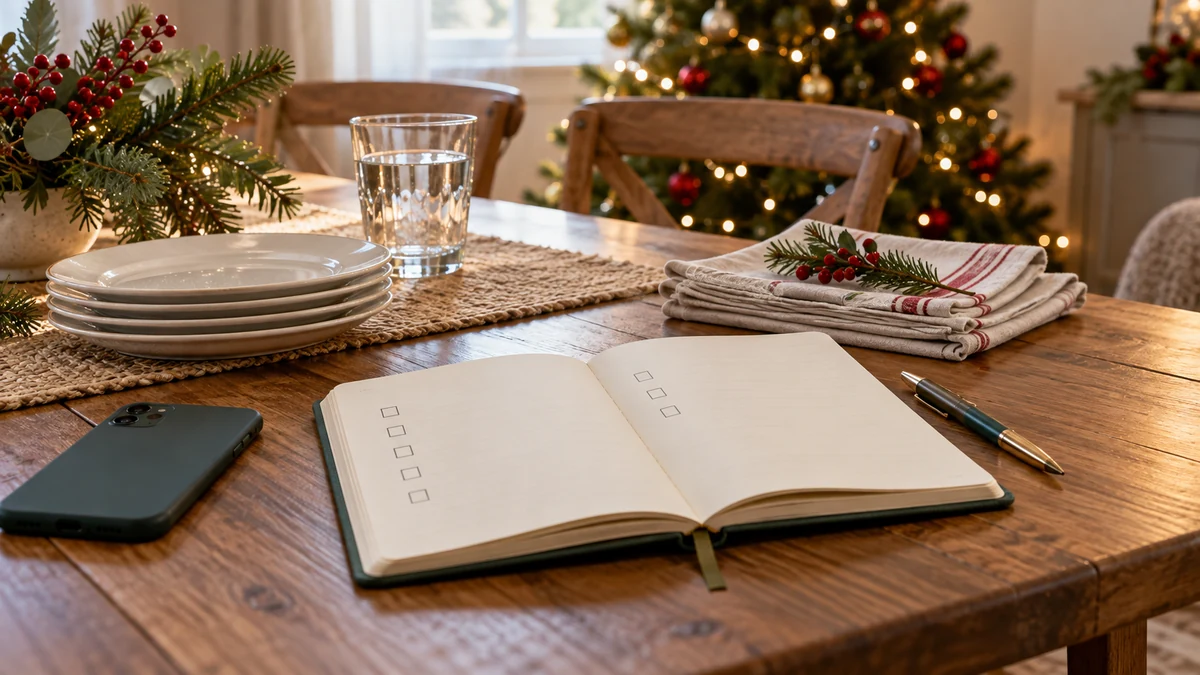 Illustrative blank checklist and tableware for Christmas guest planning Illustrative blank checklist and tableware for Christmas guest planning