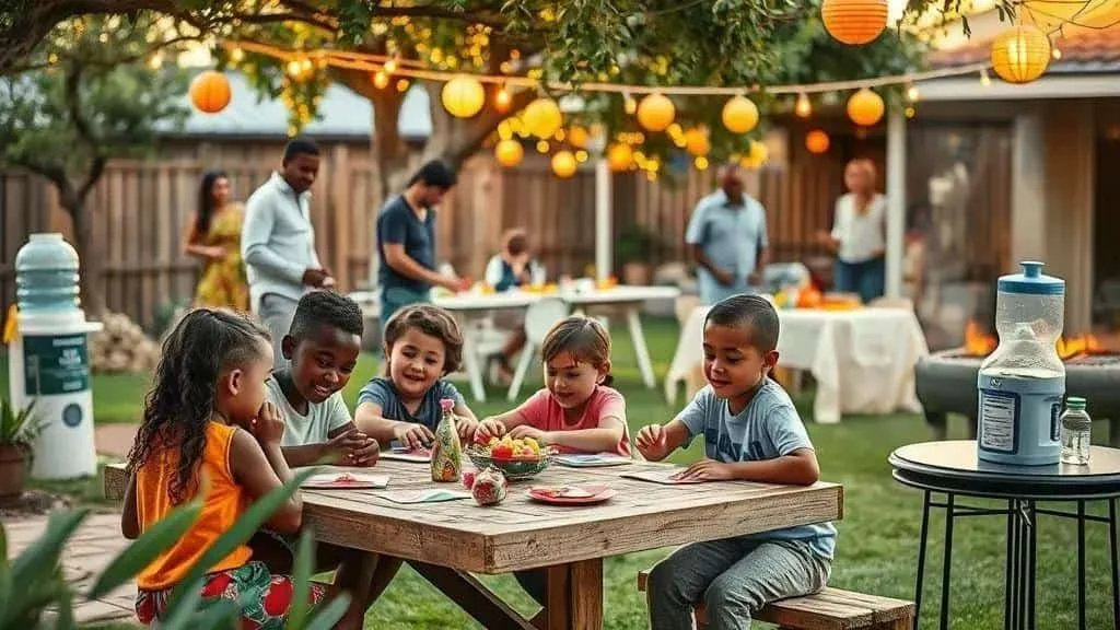 Illustrative children making decorations at an outdoor craft table
