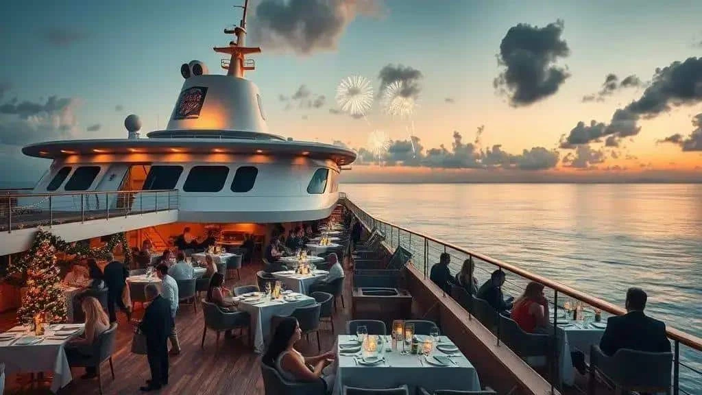Illustrative Christmas cruise dining scene at sunset