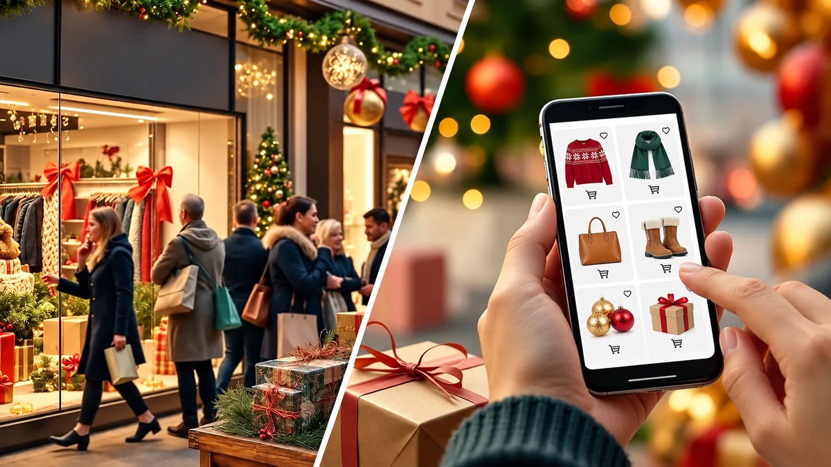 Illustrative contrast between Christmas shopping in shops and online Illustrative contrast between Christmas shopping in shops and online