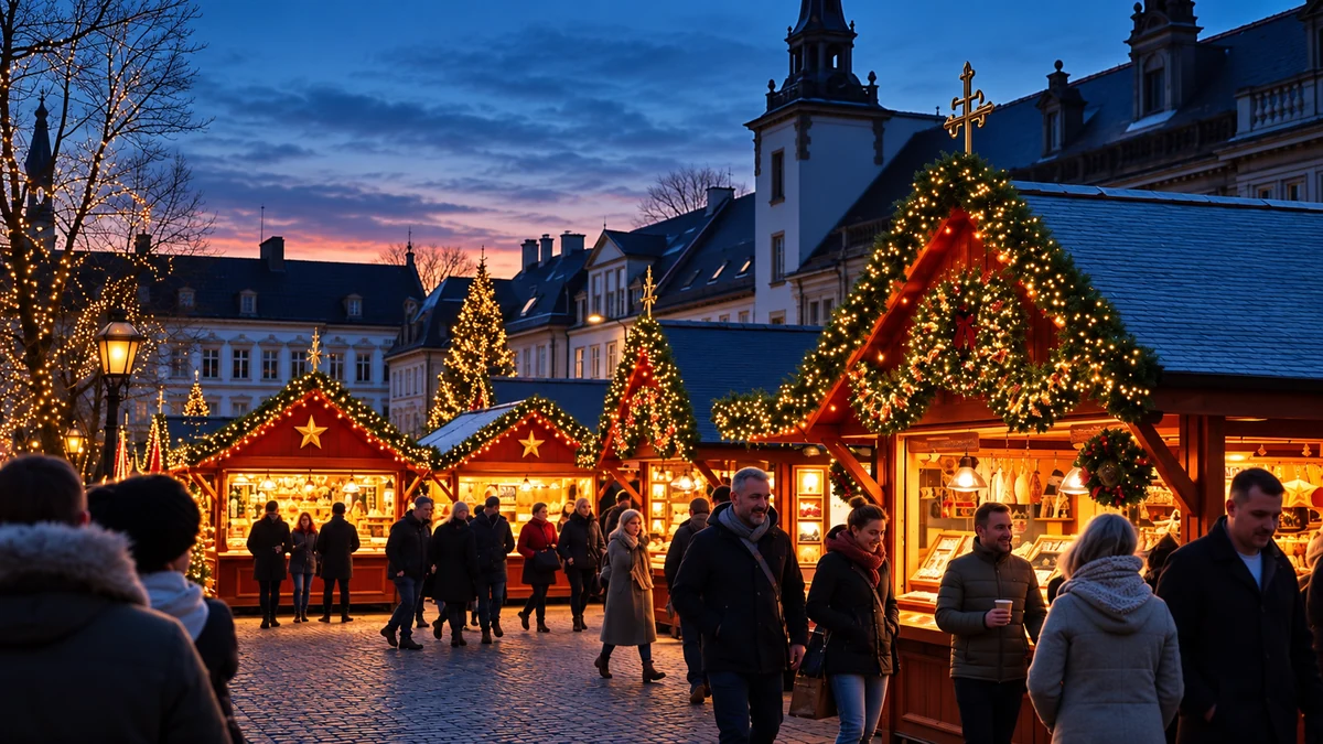 Illustrative European Christmas market at dusk