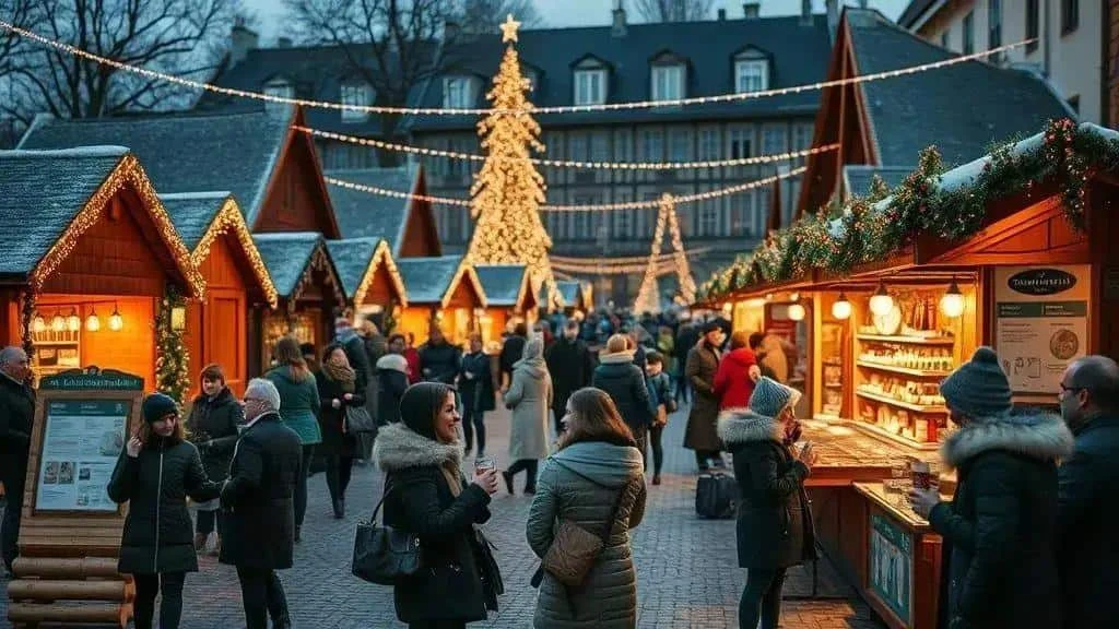 Illustrative European Christmas market with wooden stalls