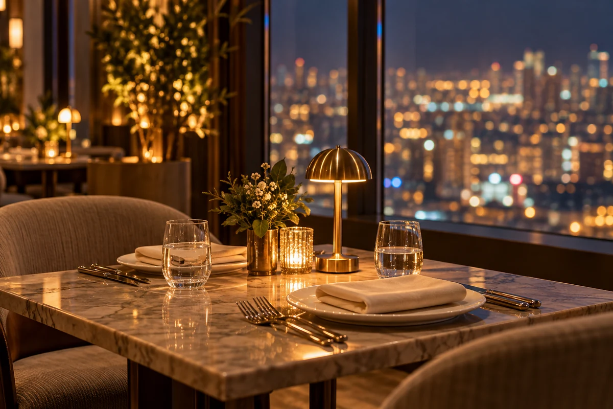 Illustrative evening dining setting with a table for two
