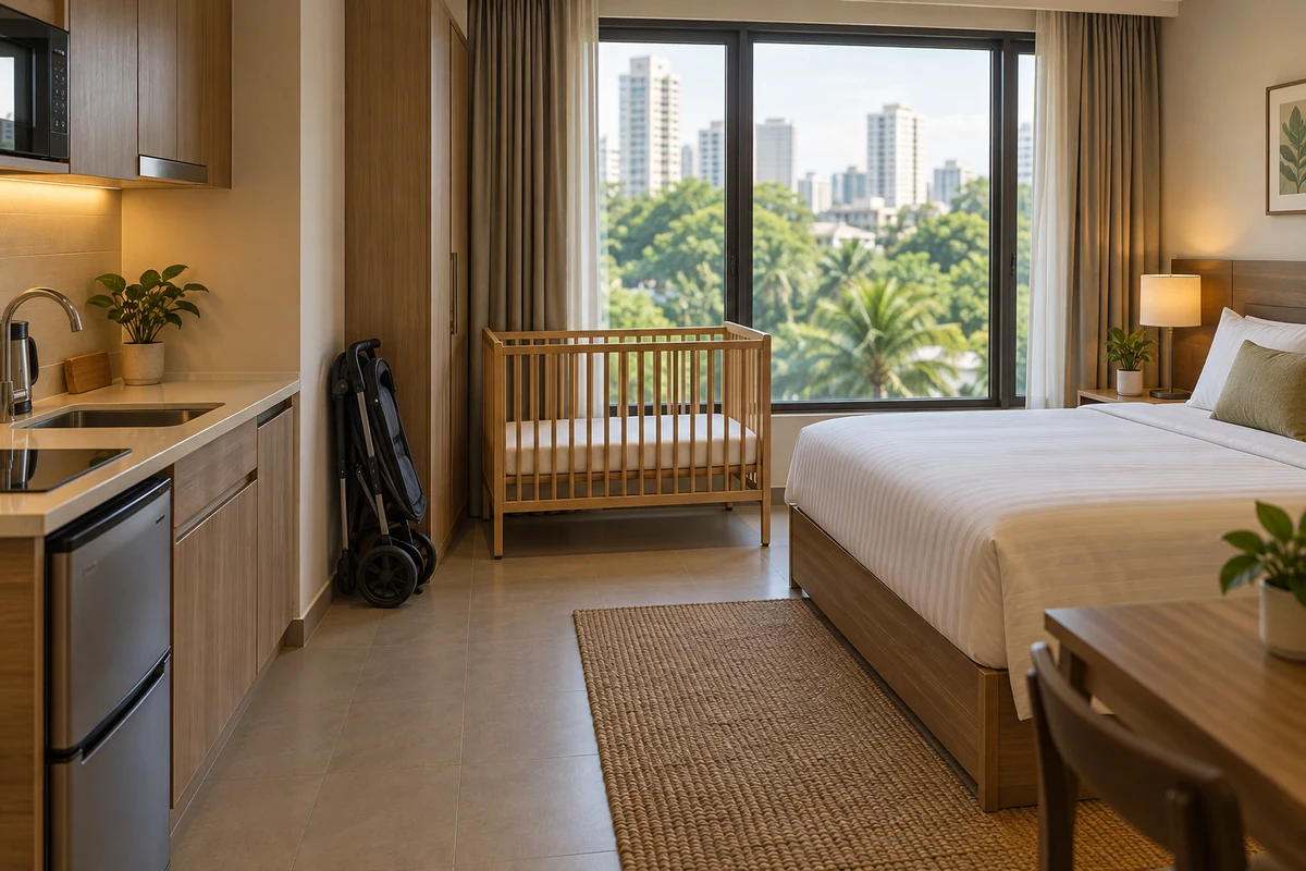 Illustrative family apartment with kitchenette and empty baby cot