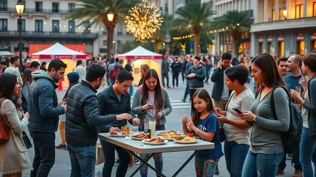 Illustrative family group sharing food at an outdoor gathering