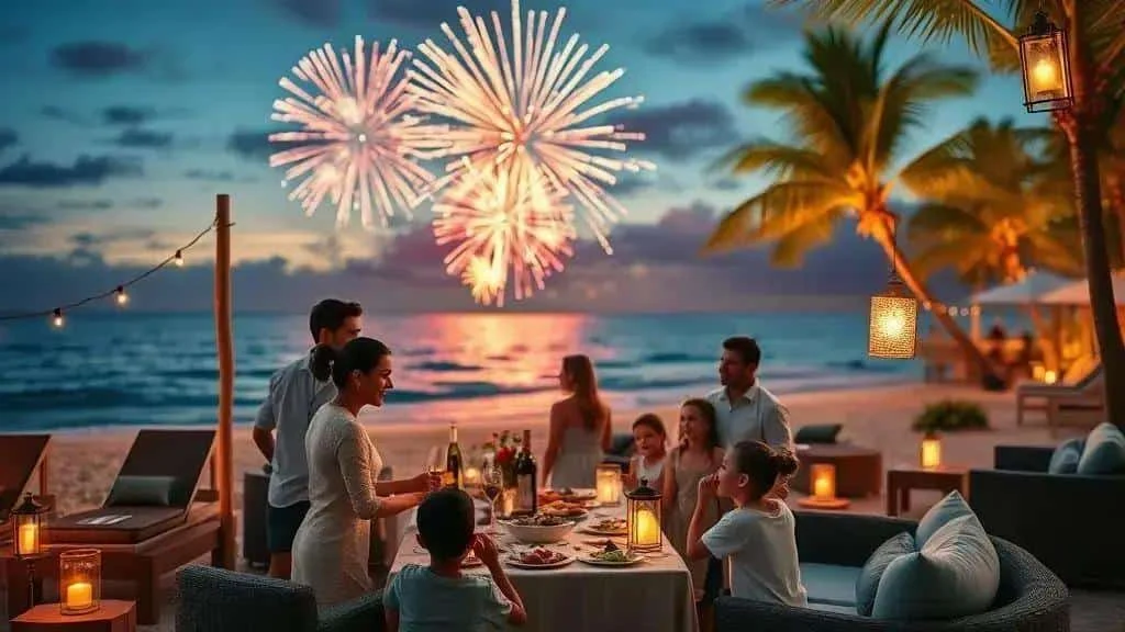 Illustrative family New Year dinner beside the sea