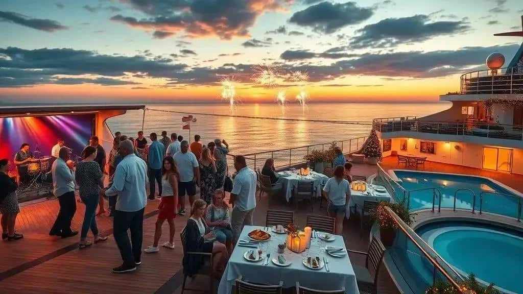 Illustrative festive cruise deck gathering with fireworks in the distance