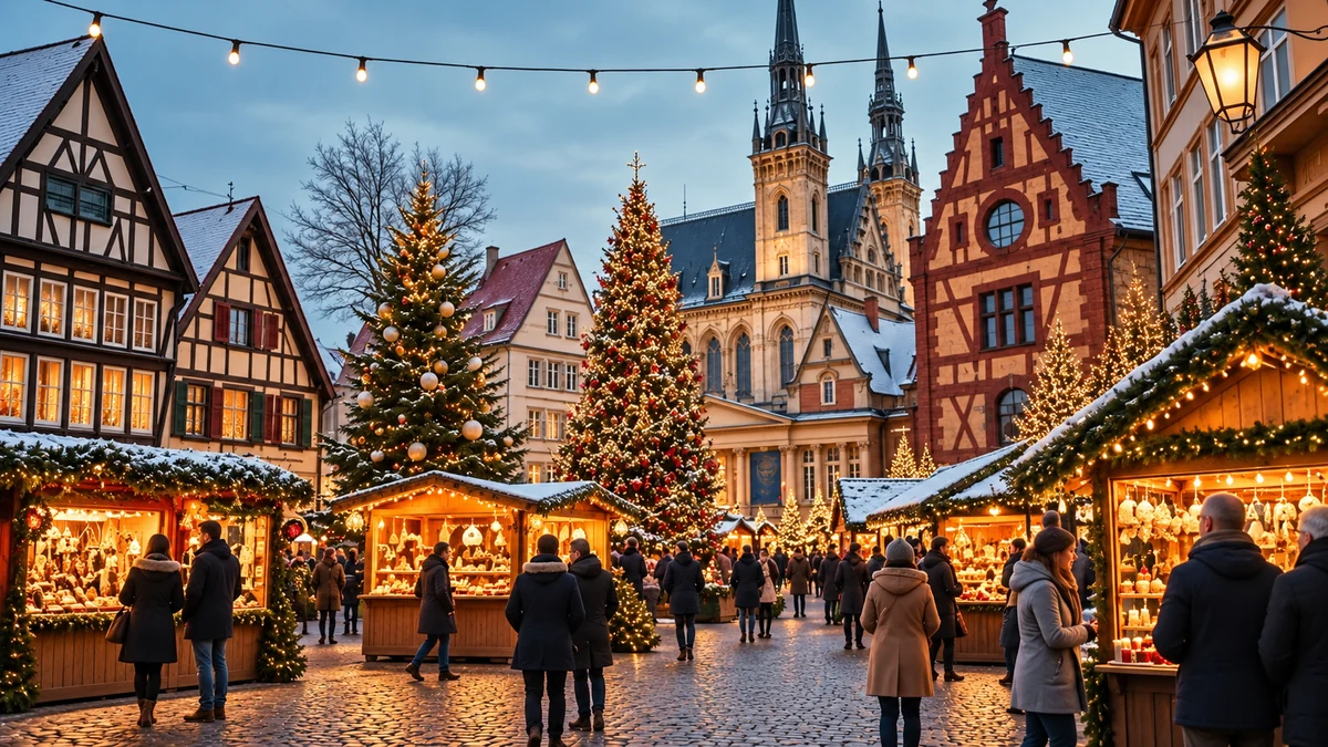 Illustrative festive market square with decorated wooden stalls