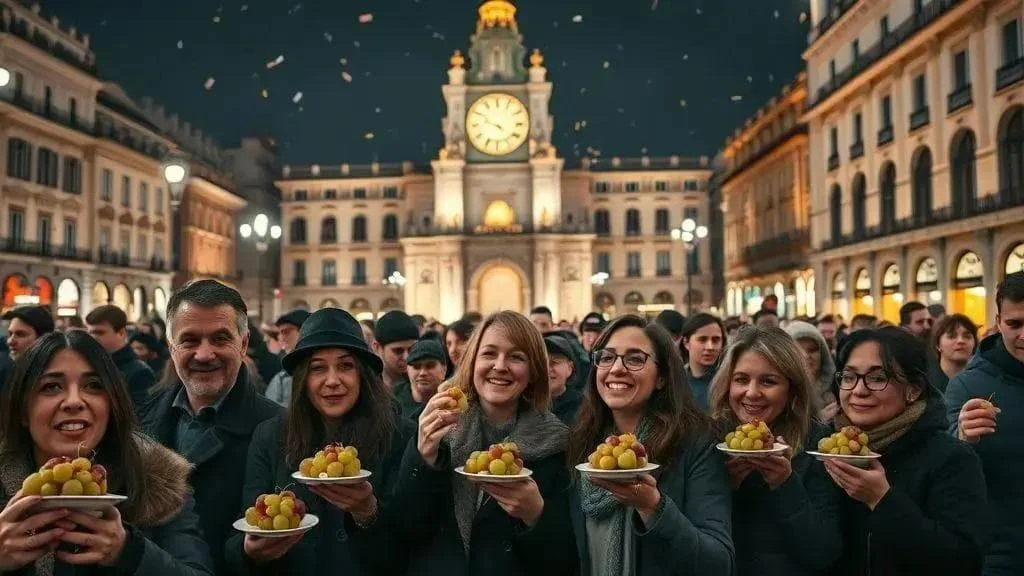Illustrative group celebrating the Spanish twelve grapes tradition Illustrative group celebrating the Spanish twelve grapes tradition