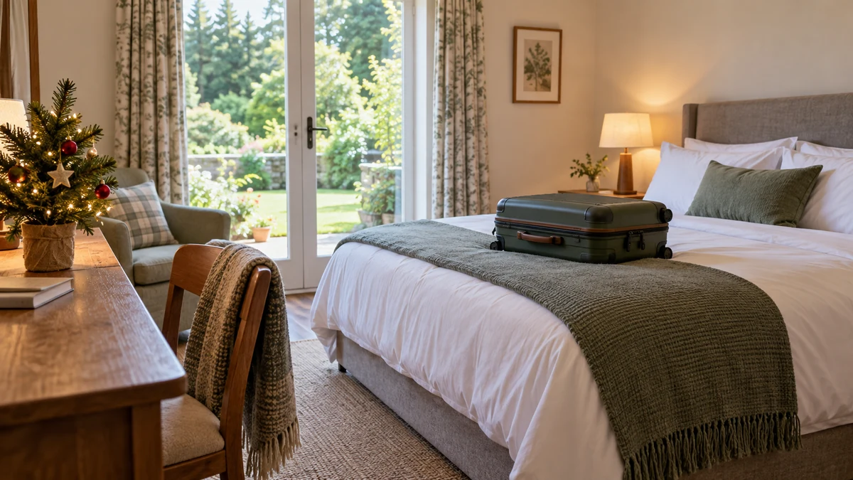 Illustrative guest room with a suitcase and a summer garden