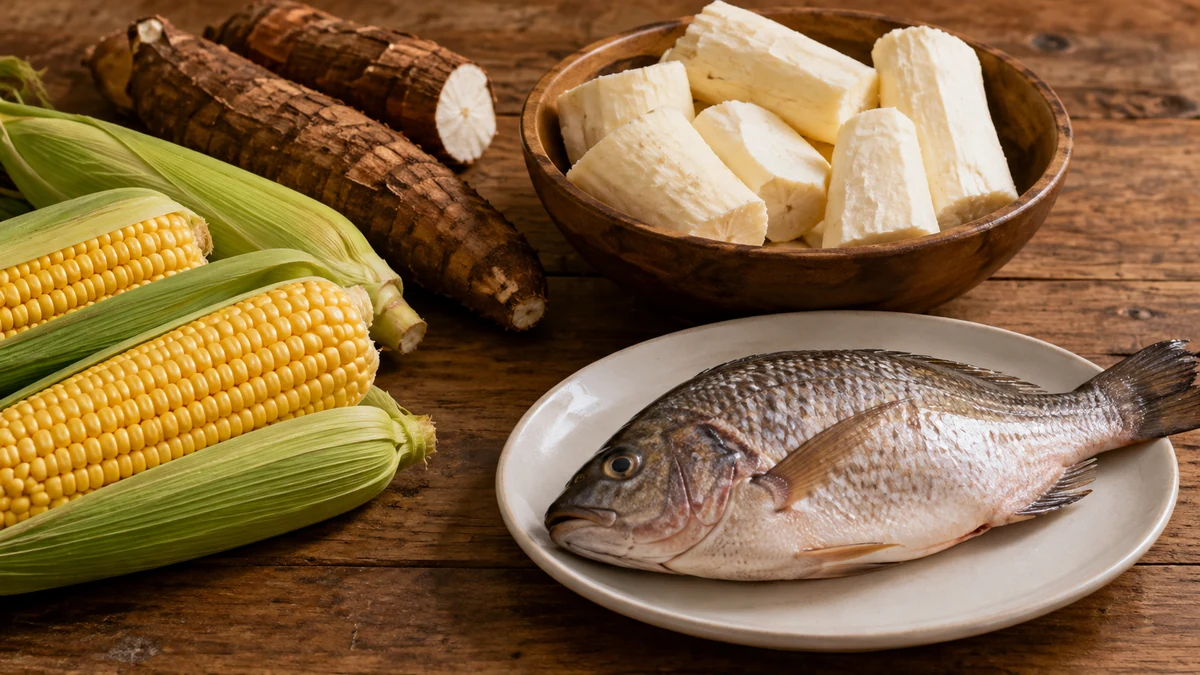 Illustrative ingredients including maize cassava and fish