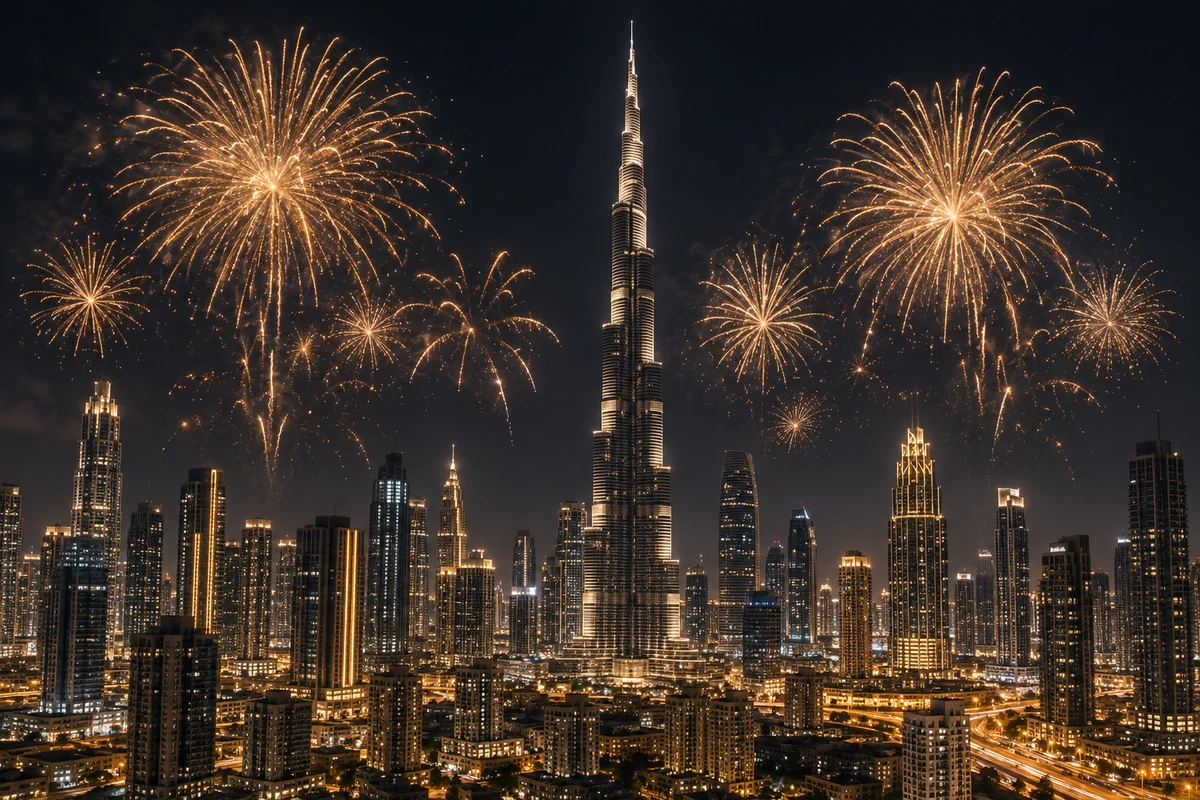 Illustrative New Year fireworks over a Dubai-inspired city