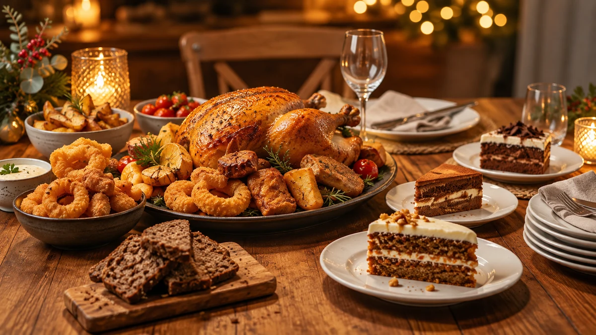 Illustrative New Year meal with a clock and festive dishes