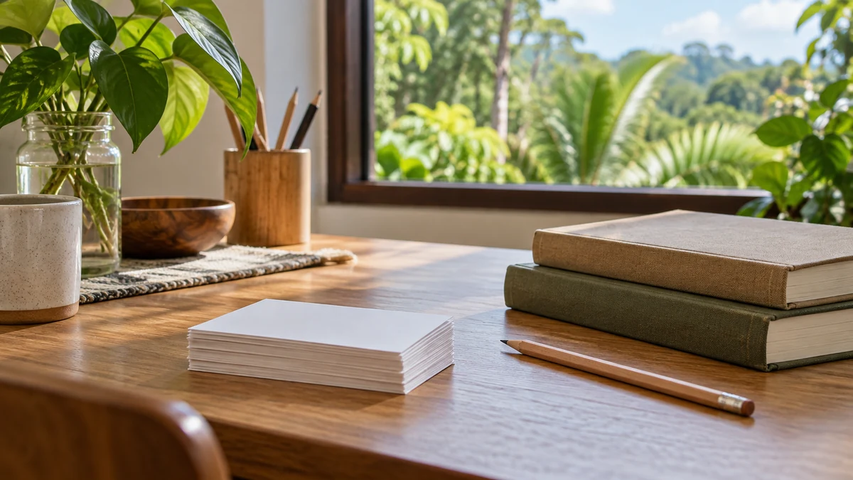 Illustrative research desk with books and a notebook