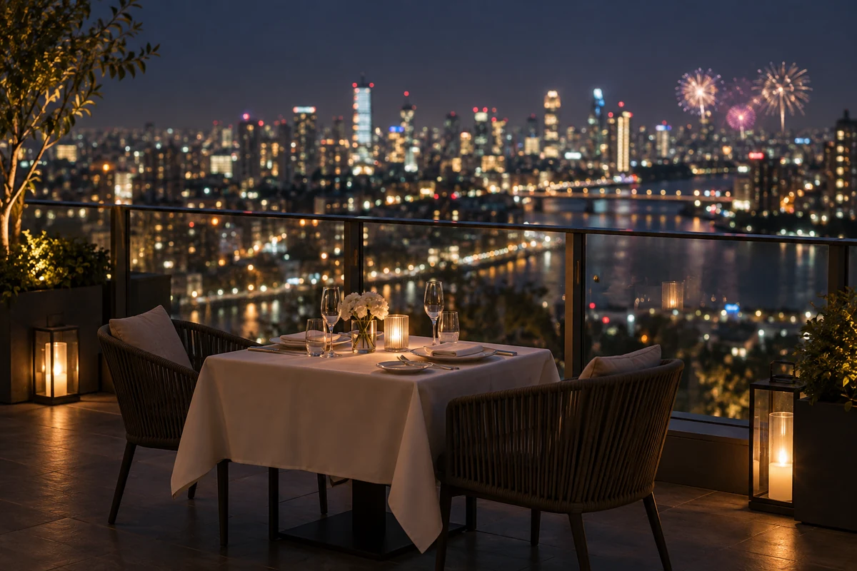 Illustrative restaurant terrace table overlooking distant city lights