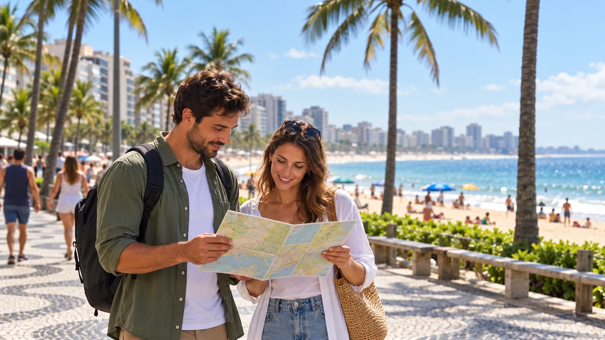 Illustrative scene of travellers reading a map on a seaside promenade