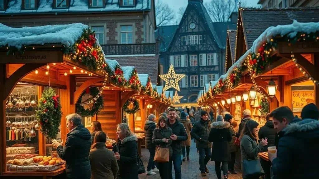 Illustrative snowy Christmas market with warm festive lights