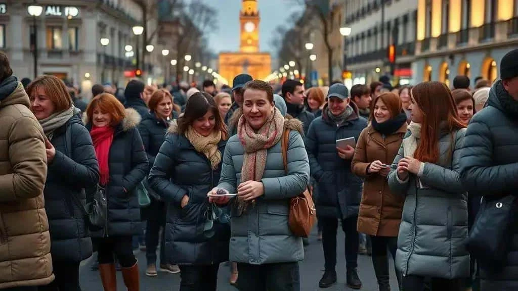 Illustrative visitors wearing warm layers at a New Year gathering Illustrative visitors wearing warm layers at a New Year gathering