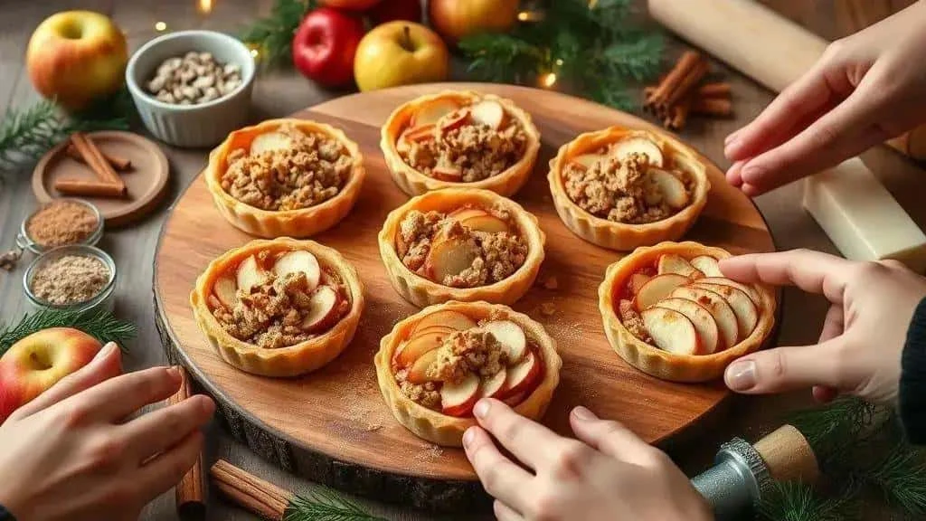 Individual apple tartlets arranged on a round wooden board