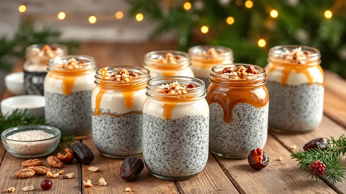Individual chia pudding jars topped with cream and caramel