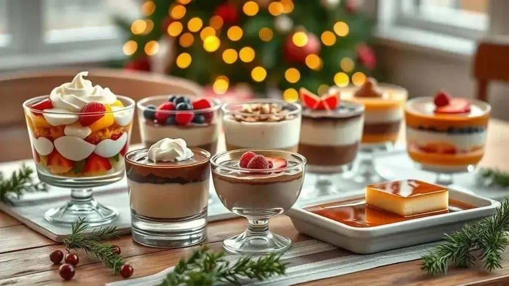 Individual chilled desserts with cream, fruit and chocolate
