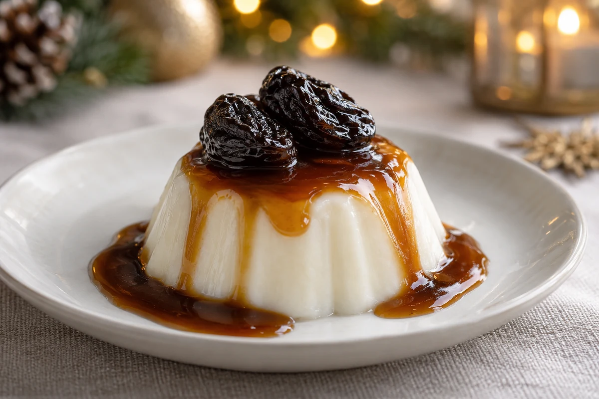 Individual coconut blancmanges with prune syrup Individual coconut blancmanges with prune syrup