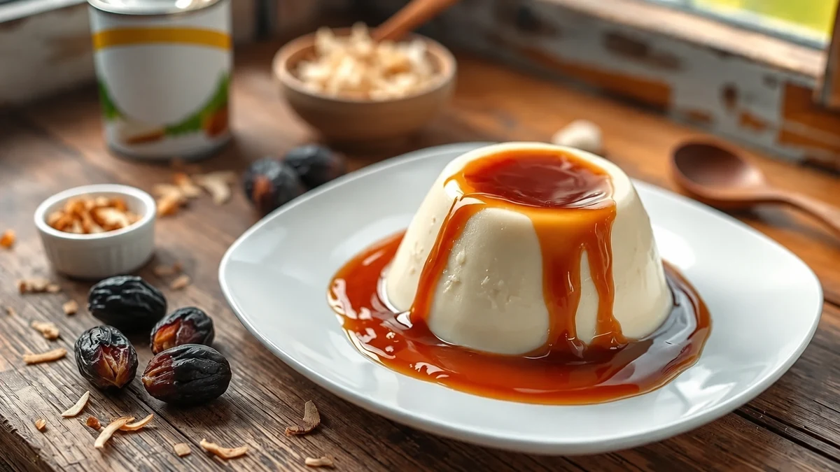 Individual coconut pudding with prune sauce and dried prunes