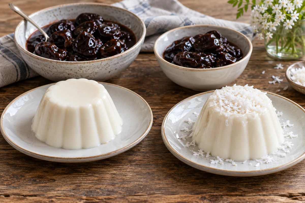 Individual coconut puddings beside bowls of prune sauce Individual coconut puddings beside bowls of prune sauce