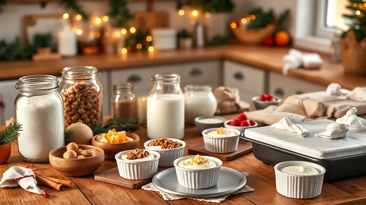 Individual cream desserts beside jars of baking ingredients
