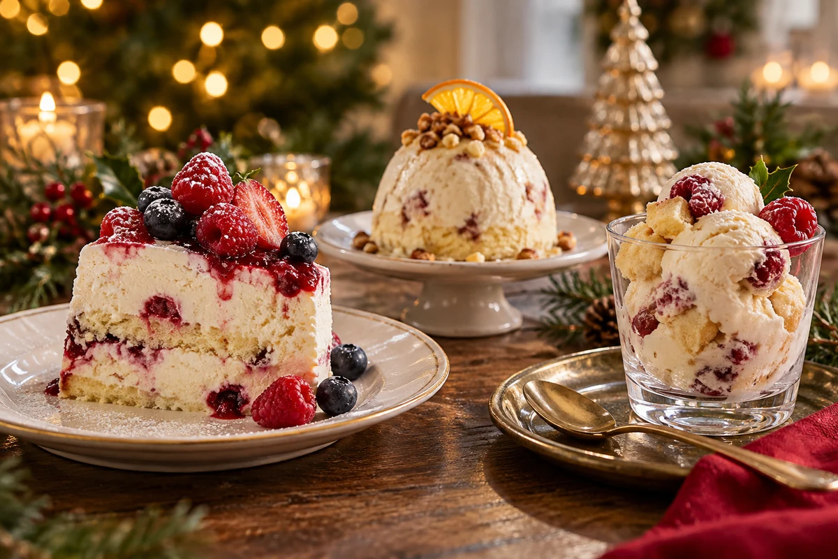 Individual festive ice cream cakes and dessert glasses