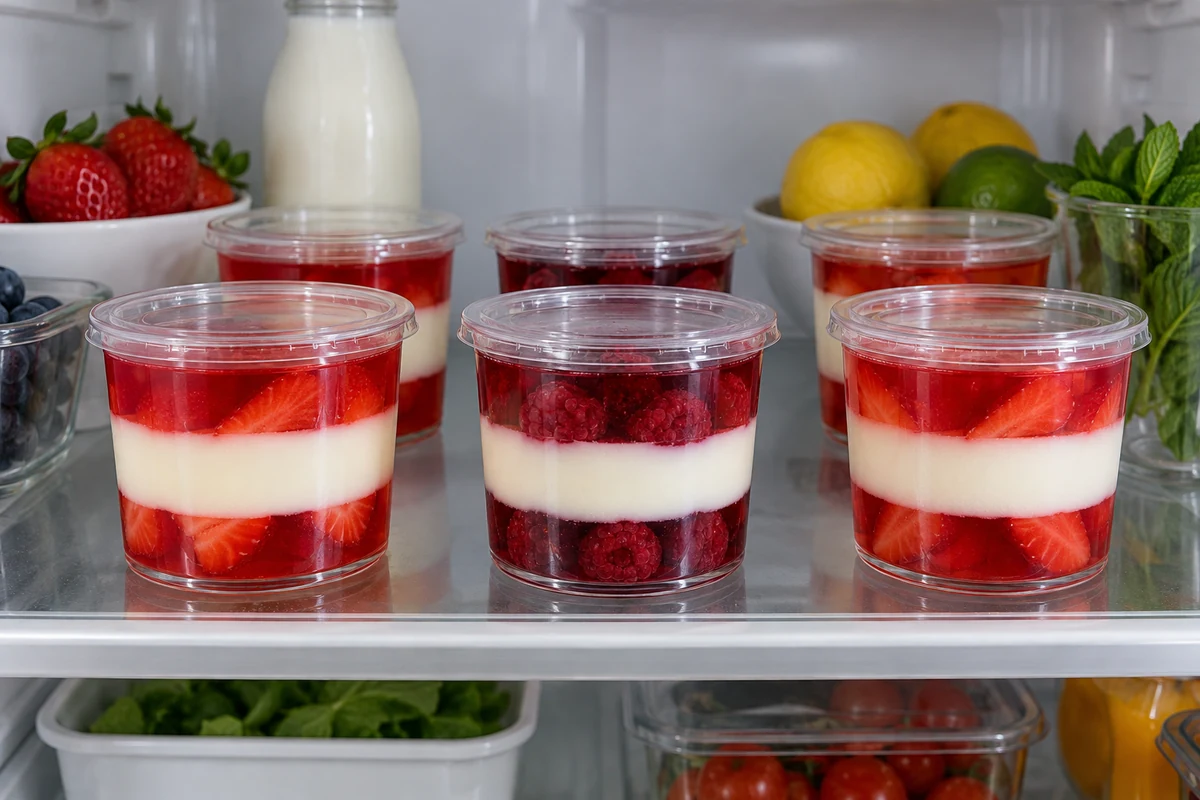 Individual layered jelly desserts in covered containers Individual layered jelly desserts in covered containers