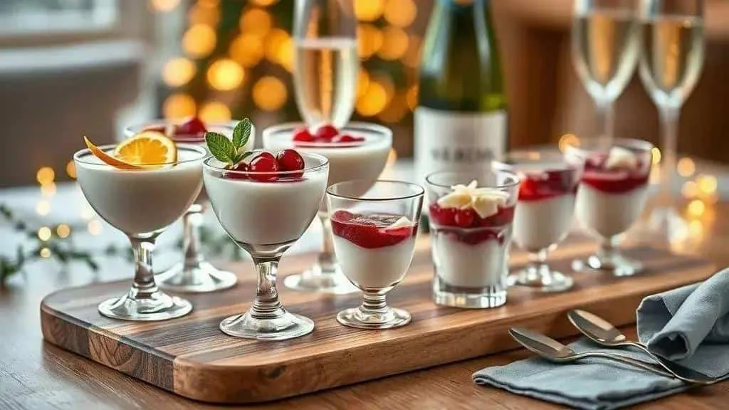 Individual mousse glasses arranged on a festive serving board