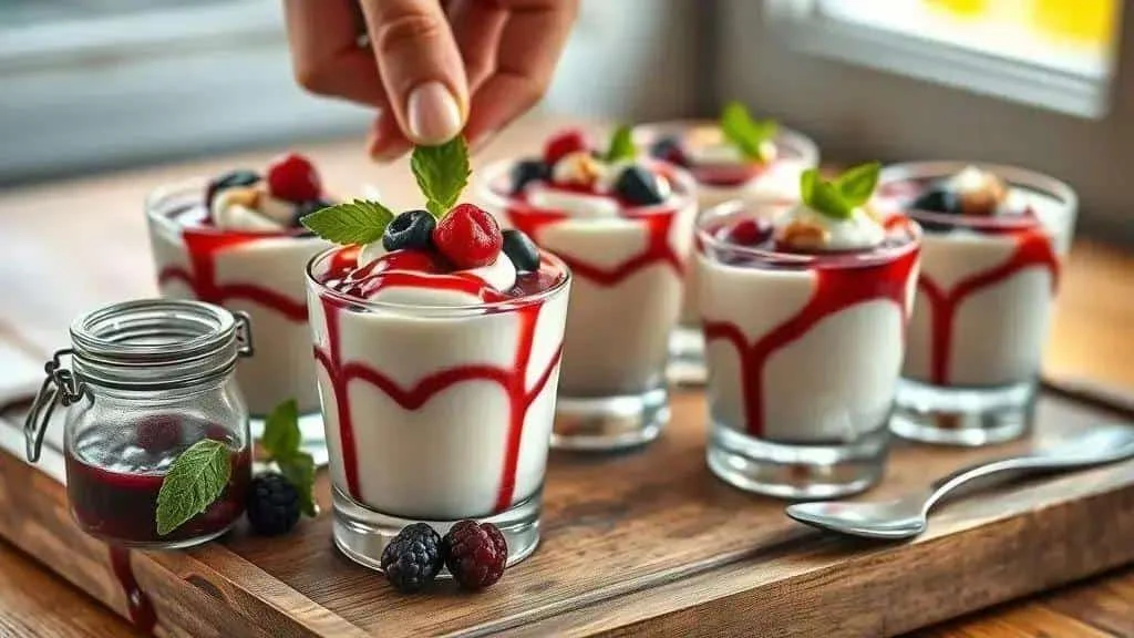Individual mousse glasses with berry sauce