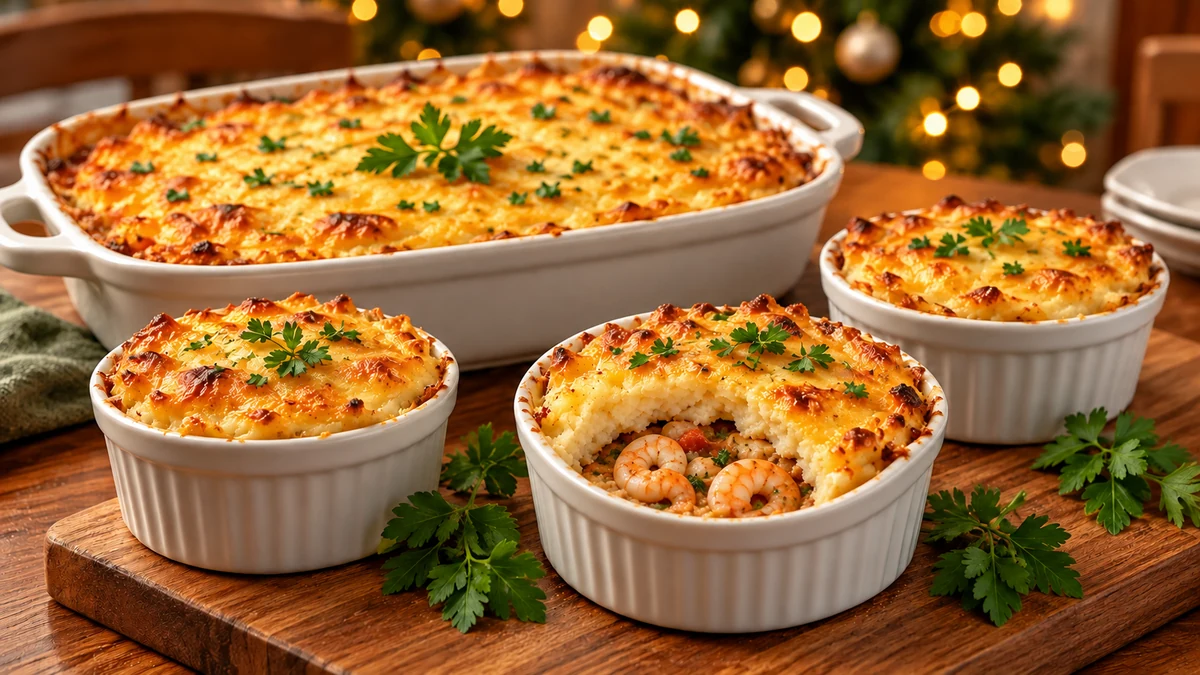Individual prawn and cassava bakes with golden cheese tops Individual prawn and cassava bakes with golden cheese tops