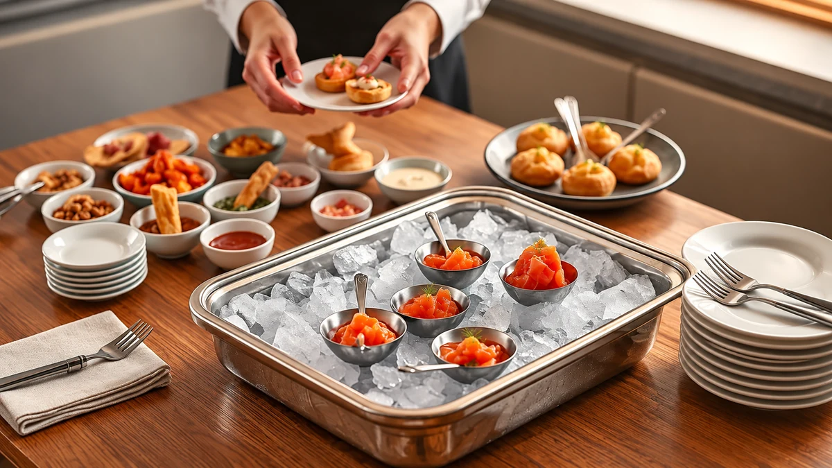 Individual salmon bowls kept chilled over a tray of ice