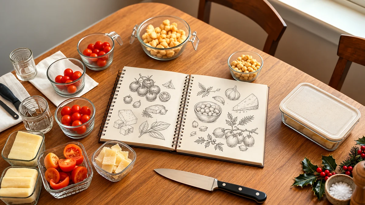 Ingredient sketches and bowls of tomatoes, cheese and chickpeas for menu planning
