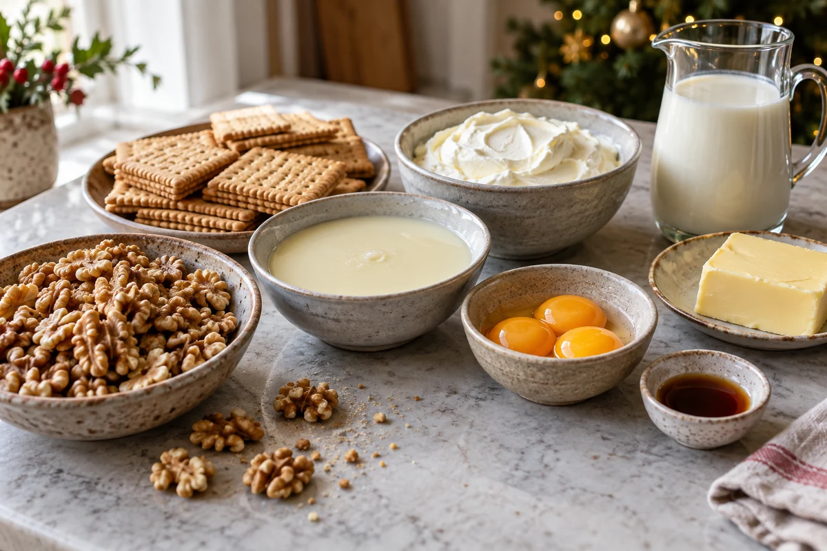 Ingredients for a walnut biscuit dessert
