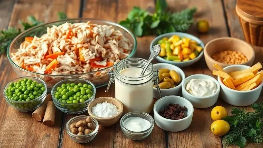 Ingredients for Brazilian chicken salpicao salad