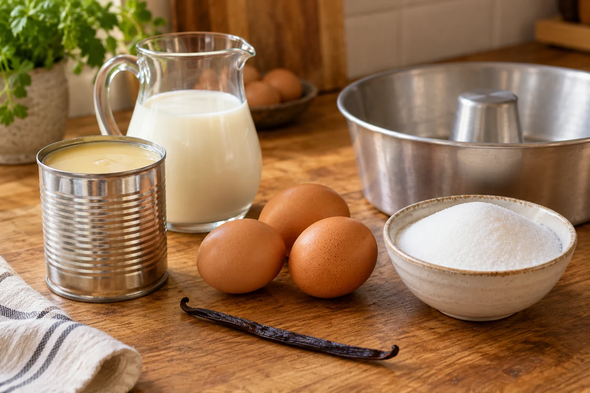 Ingredients for Brazilian condensed milk flan with eggs milk and sugar