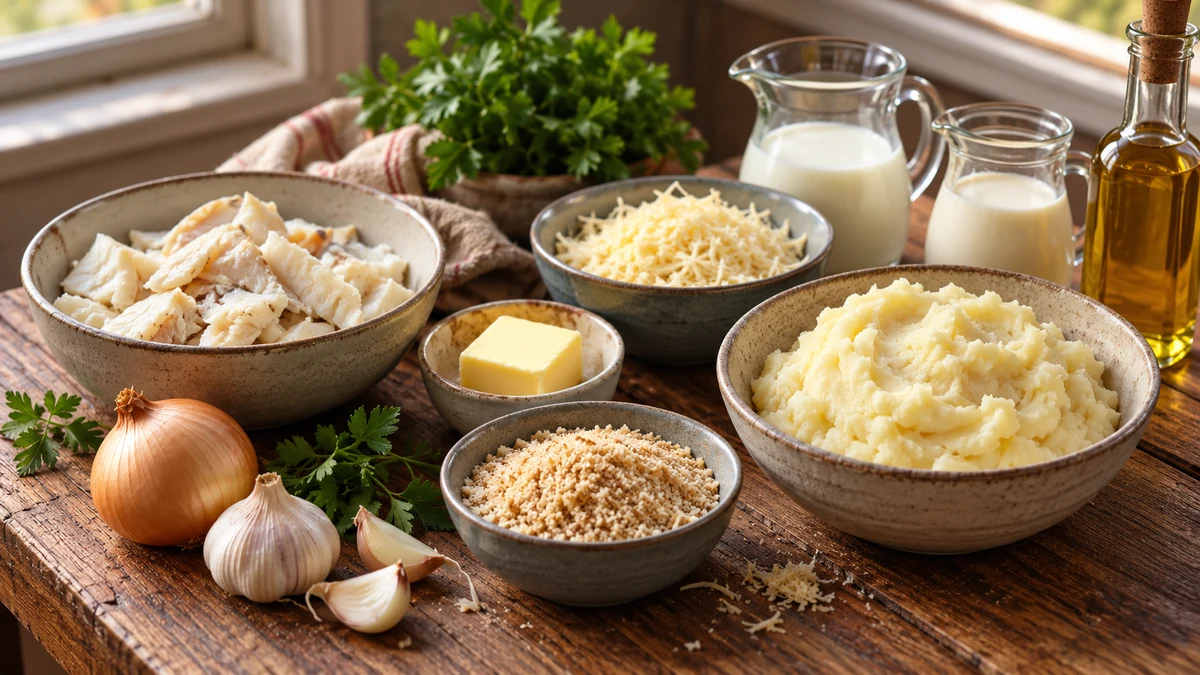 Ingredients for creamy salt cod and potato gratin Ingredients for creamy salt cod and potato gratin