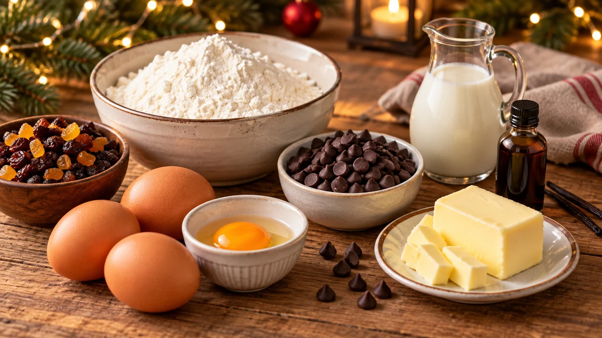 Ingredients for panettone and chocolate chip bread