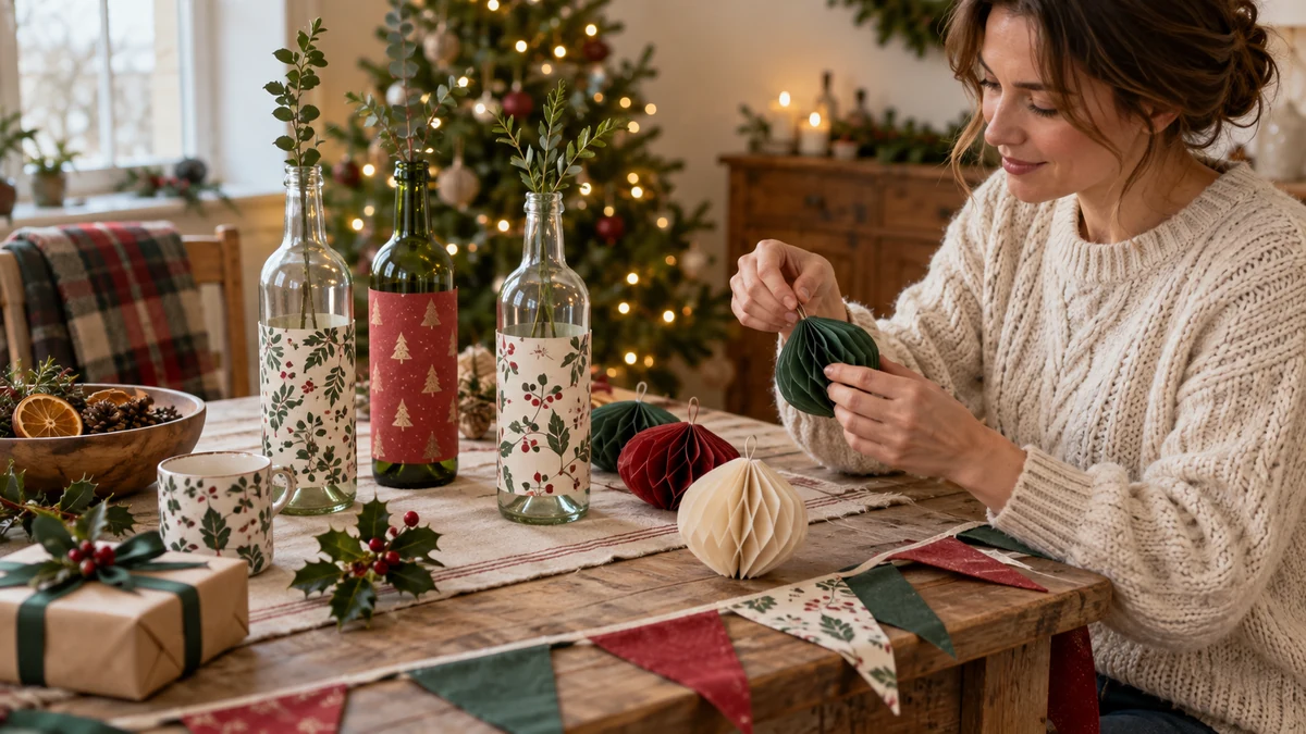 Intact bottles decorated with paper sleeves and handmade ornaments