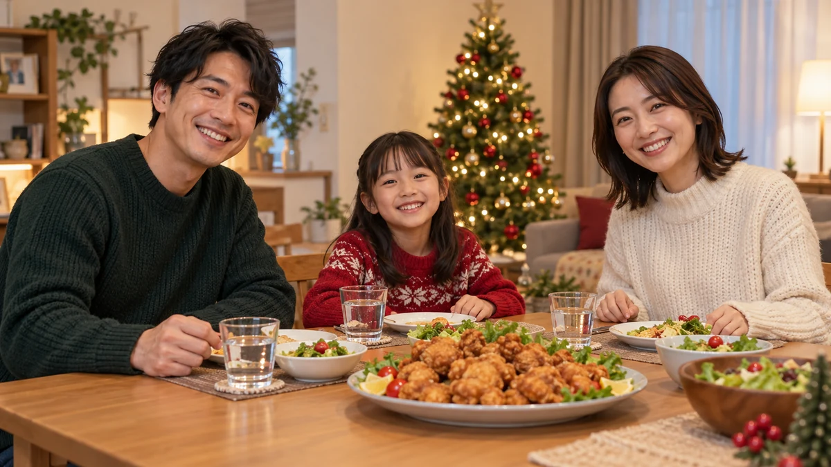 Japanese family sharing a fried chicken meal at Christmas