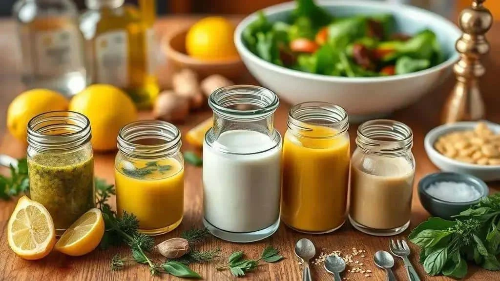 Jars of creamy and herb dressings beside fresh salad ingredients