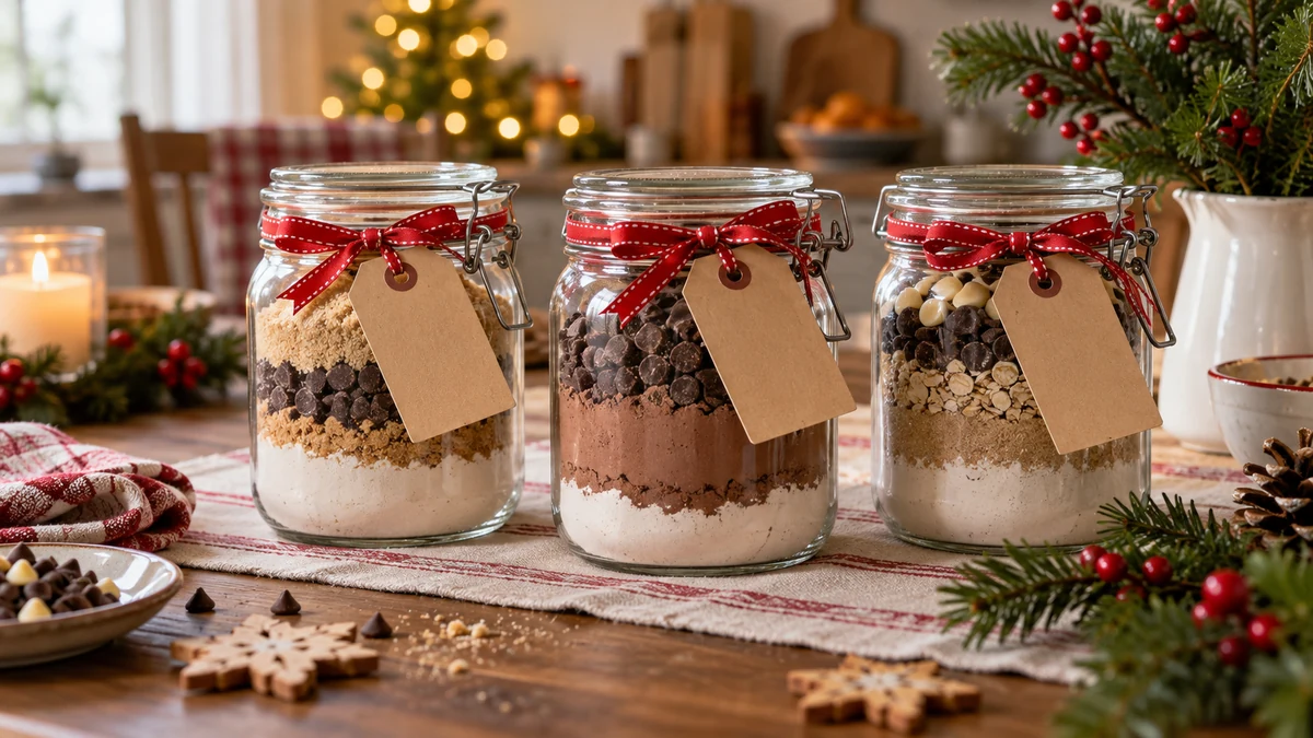 Jars of dry biscuit ingredients and cocoa mix wrapped as gifts Jars of dry biscuit ingredients and cocoa mix wrapped as gifts