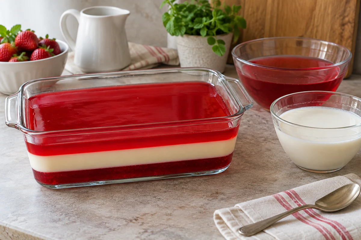Jelly mixtures and a glass dish for assembling layers Jelly mixtures and a glass dish for assembling layers